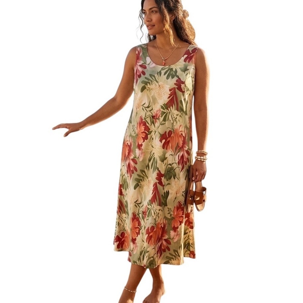 Hilo Hattie Women XL Silk Tropical Floral Sleeveless Midi Shift Dress Resortwear